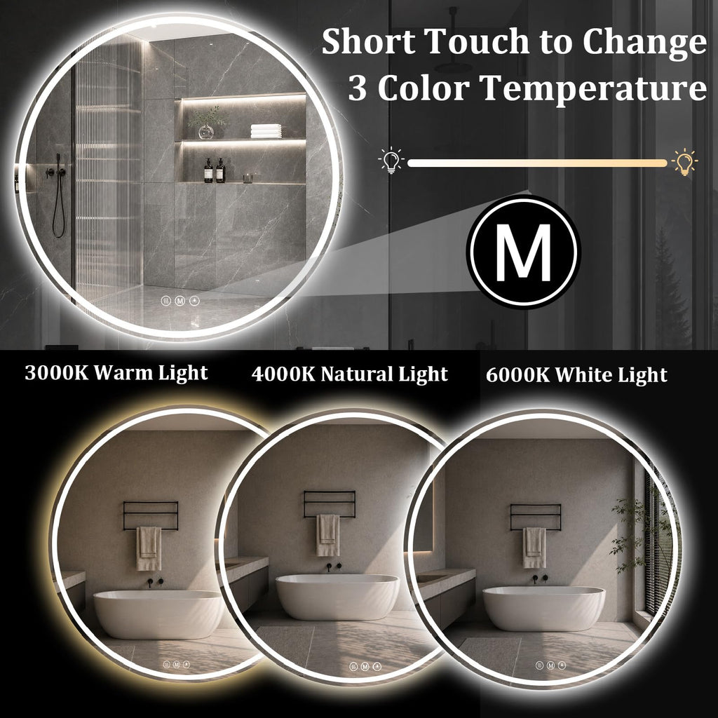 Round LED Bathroom Mirror, 36 Inch, HD Shatterproof Tempered Glass