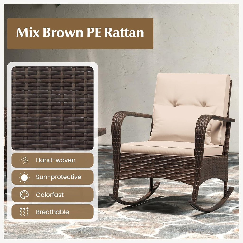 Outdoor Rocking Chairs Set of 2, 3 Piece PE Wicker Patio Bistro Set | Coffee Table & Thick Cushions, Rattan Patio