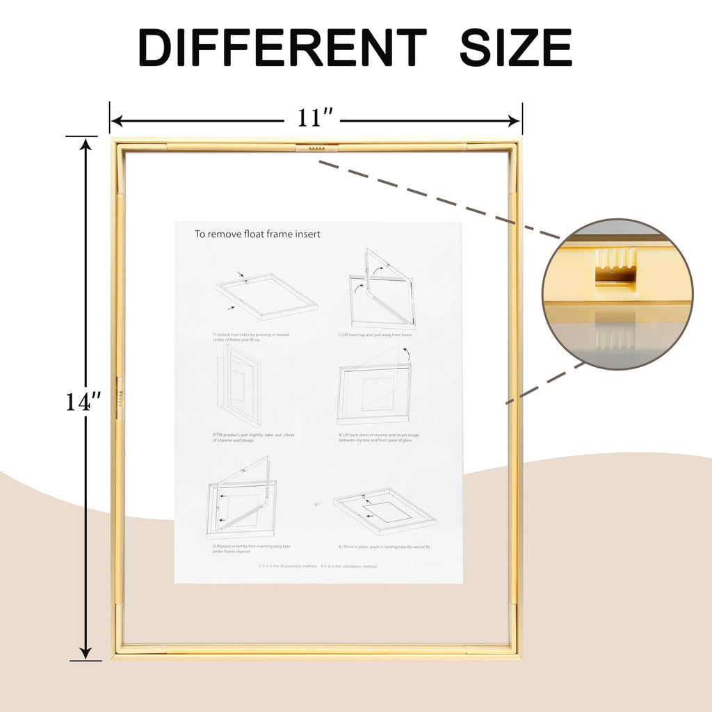 11"x14" Deluxe Brass Gold Aluminum Contemporary Style Floating Picture Frame with Tempered Glass