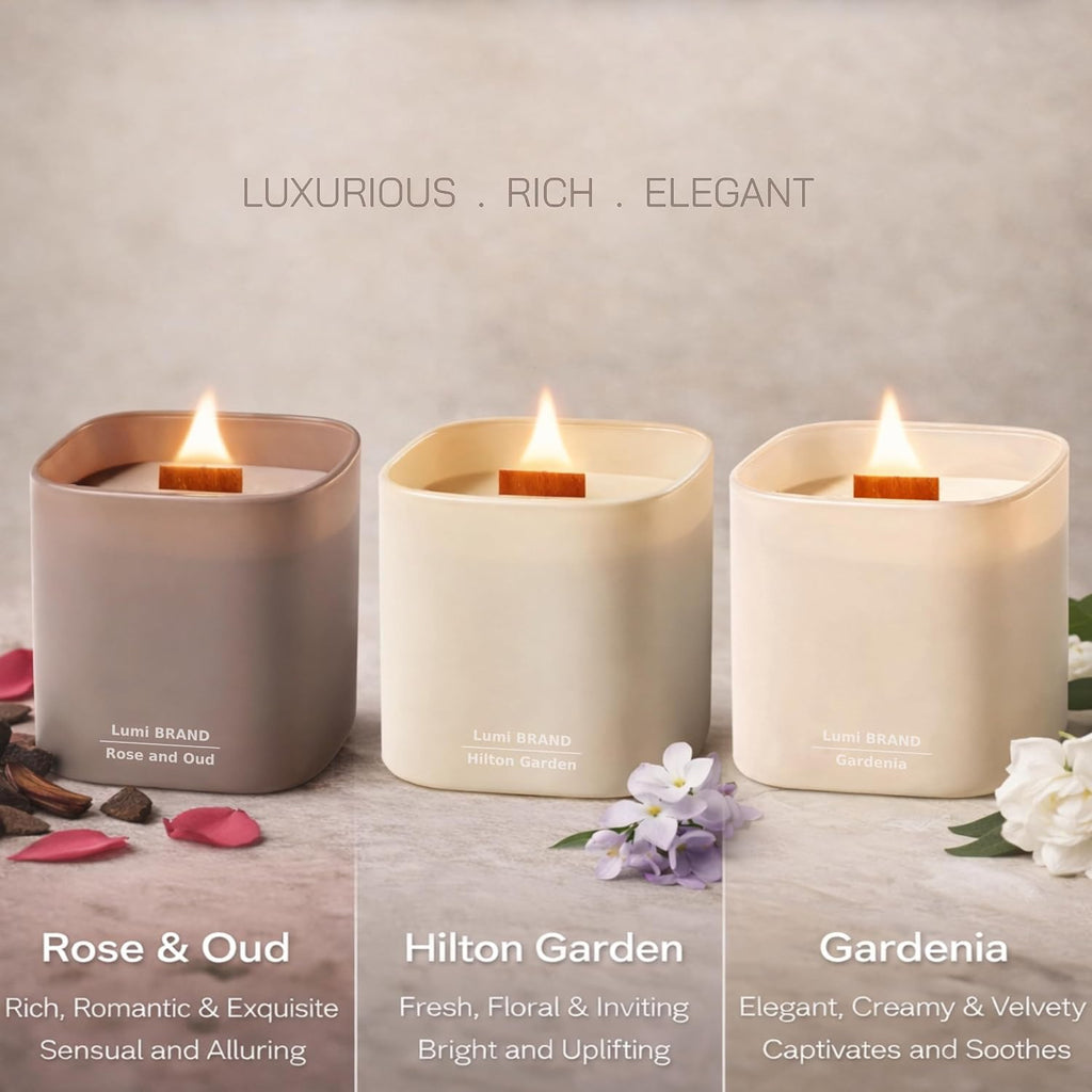 Premium Scented Soy Candles Gift Set | Nature's Bloom Collection - Gardenia, Hilton Garden and Rose & Oud - Set of 3