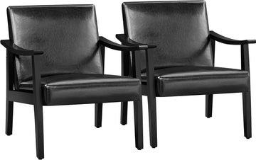 Accent Chairs, Mid-Century Faux Leather Armchairs, Black - Set of 2