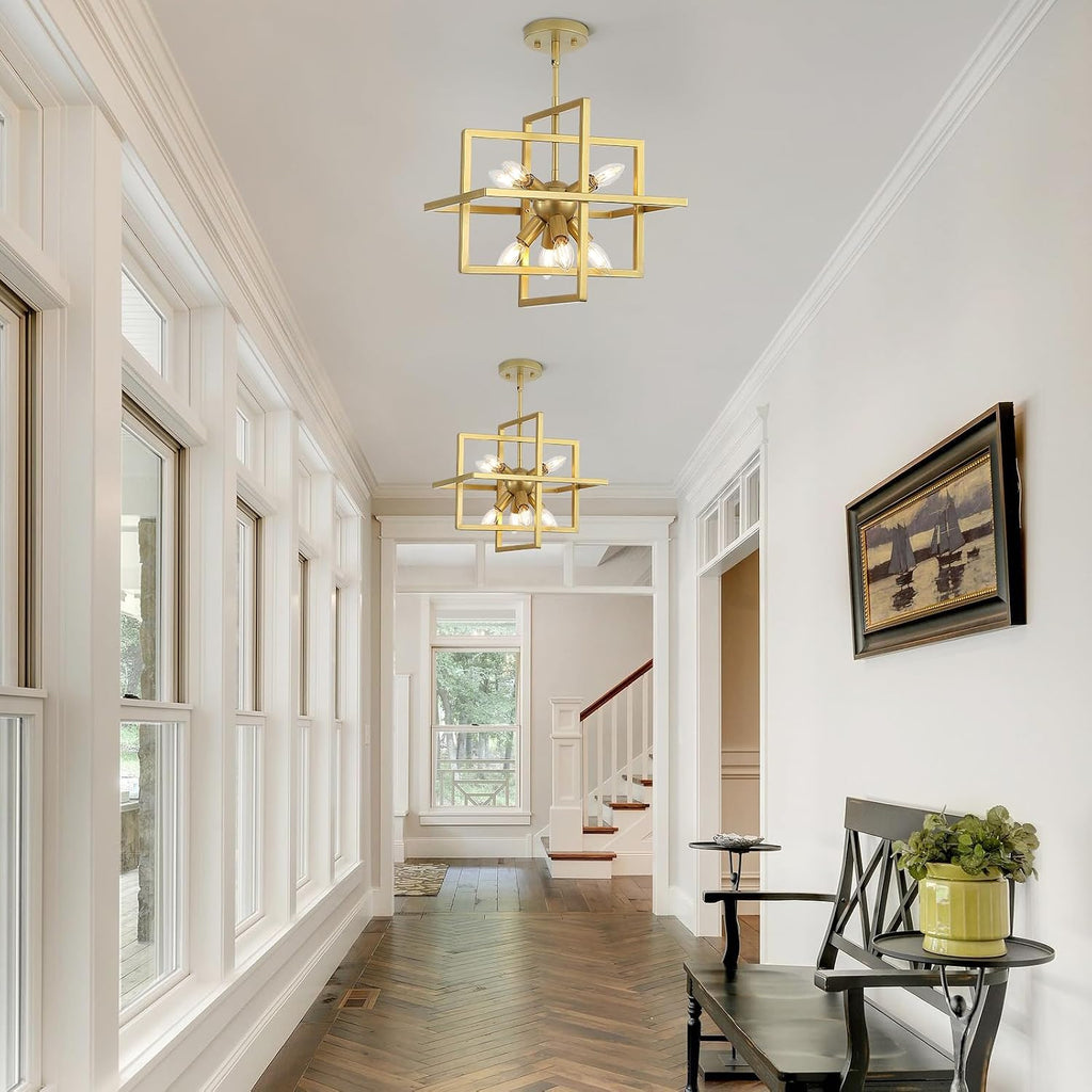Modern Gold 8-Light Geometric Chandelier, Square Sputnik Pendant Light for Kitchen Island, Dining Room, Bedroom