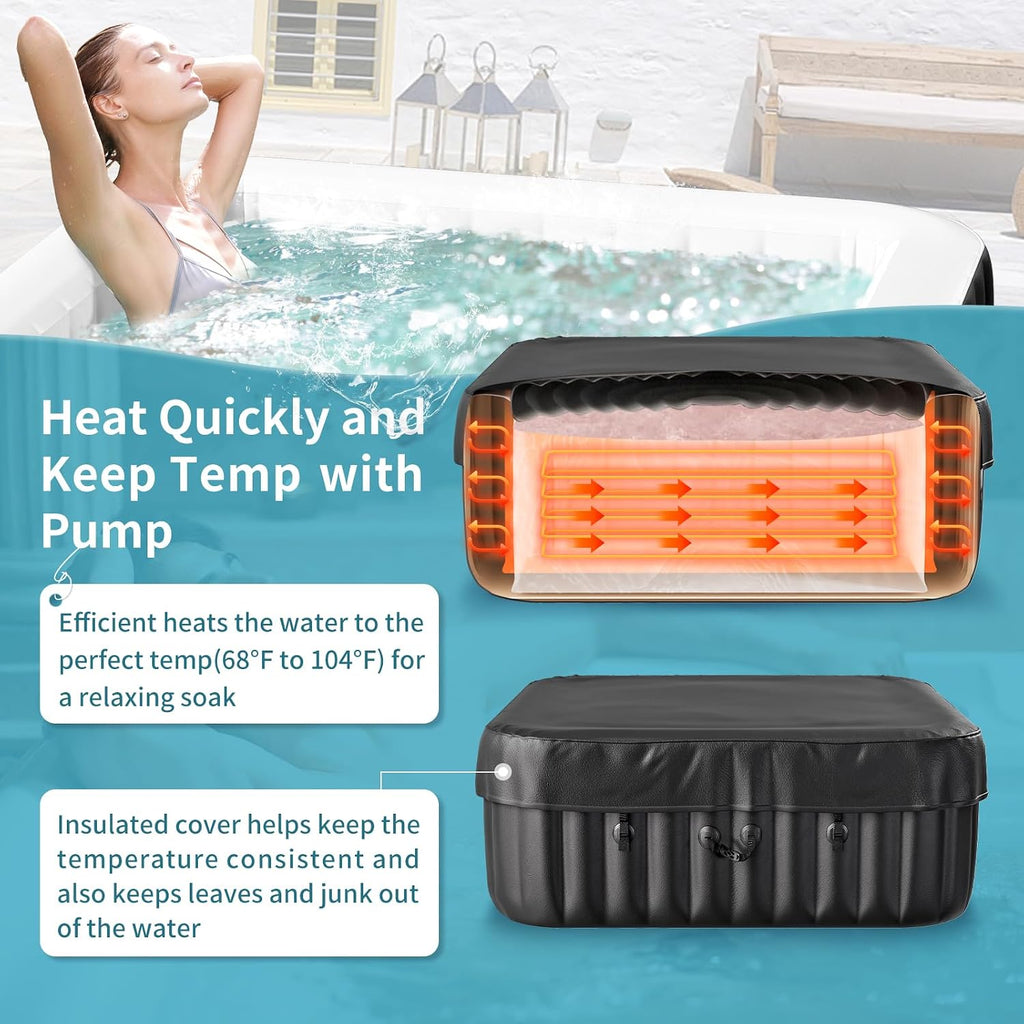 Inflatable Hot Tub, Large Square Portable Blow Up Hot Tub, 2-4 Person Leak-Proof PVC Outdoor Spa with 120 Air Jets