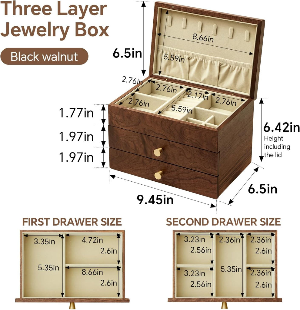 Black Walnut 3 Layer Wooden Jewelry Box Organizer