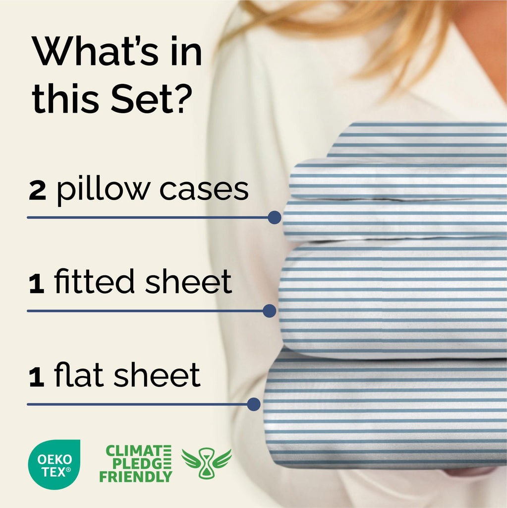 Queen 4 Piece Striped Sheet Set - Soft, Breathable & Cooling - Ocean Stripe