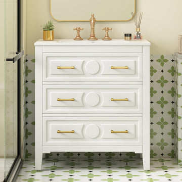 30 Inch Bathroom Vanity with Sink, Freestanding Solid Wood Cabinet with 3 Drawers, Tip-Out Drawer, Ceramic Sink & Gold Handles