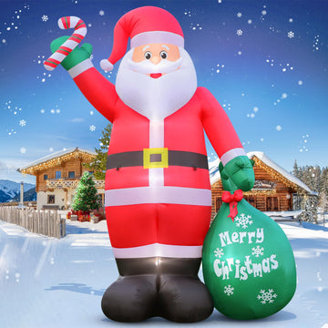 12FT Giant Christmas Inflatable Santa Claus with Cane Candy and Gift Bag Yard Decors, Easy Installation and Storage