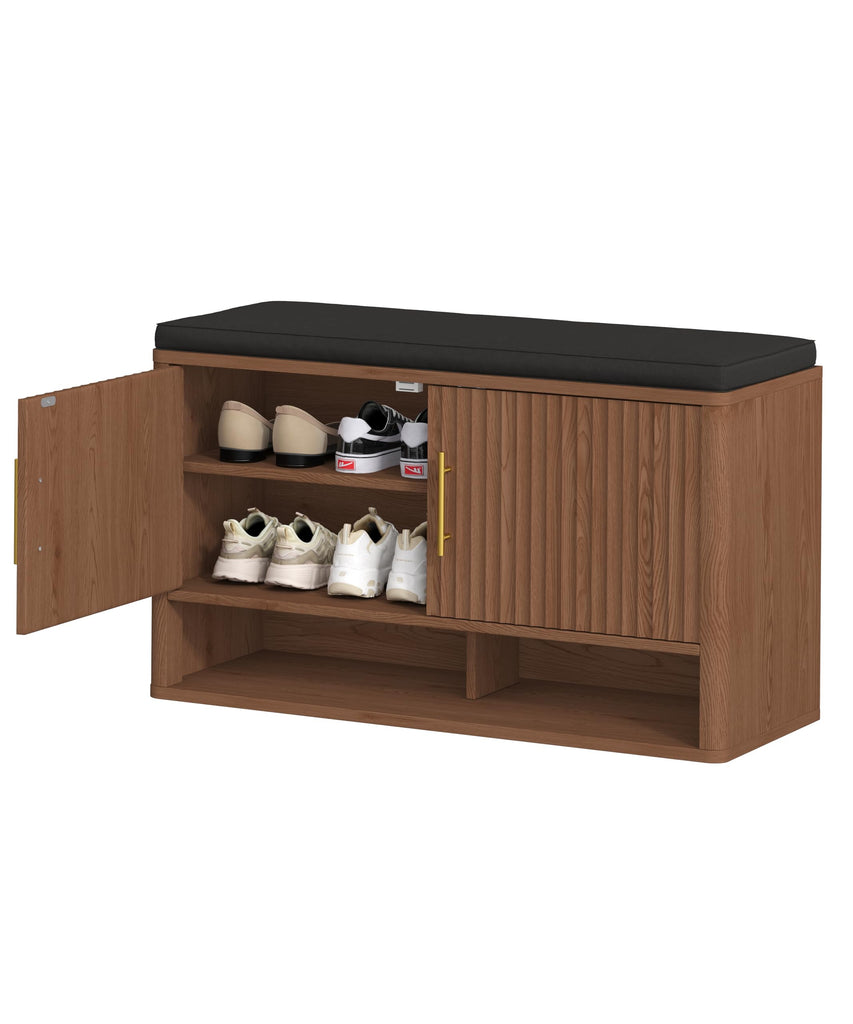 Fluted Shoe Storage Bench, Entryway Bench with Adjustable Shelves