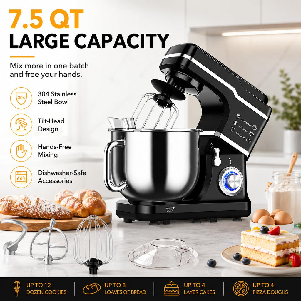 7.5 QT Stand Mixer, 10-Speed Tilt-Head Electric Mixer with Stainless Steel Bowl, Dough Hook, Whisk, Beater, Splash