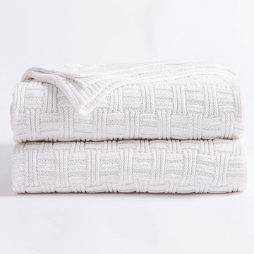Pure White Cotton Cable Knit Throw Blanket for Couch Chair Sofa, Soft Cozy Home Decorative Blankets for All Seasons
