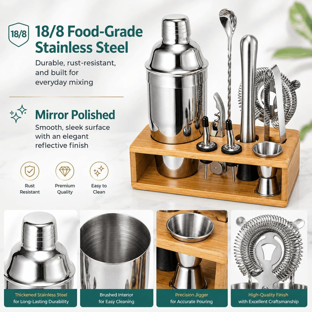 Cocktail Shaker Set, 18/8 Food-Grade Stainless Steel Mixology Bartender Kit 10-Piece Bar Tools with Stylish Bamboo