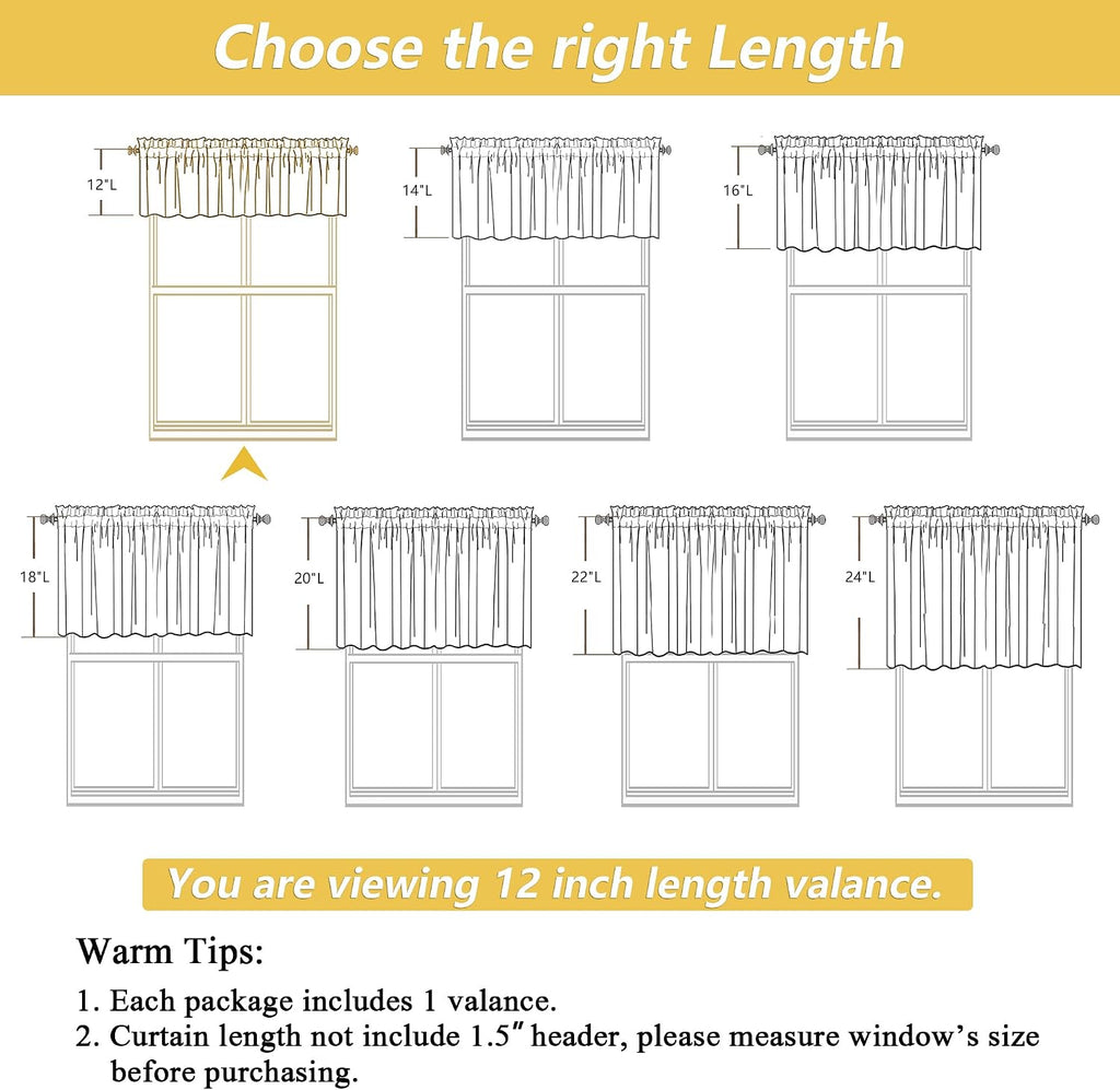 Linen Valances for Windows 1 Pcs 22 Inch Length, Light Filtering Textured Short Small Valance Curtains (1 Panel) Basement