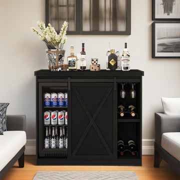 49'' Coffee Bar Cabinet with Fridge Space, Wine Cabinet with Rack, Power Outlet Living Room, Black