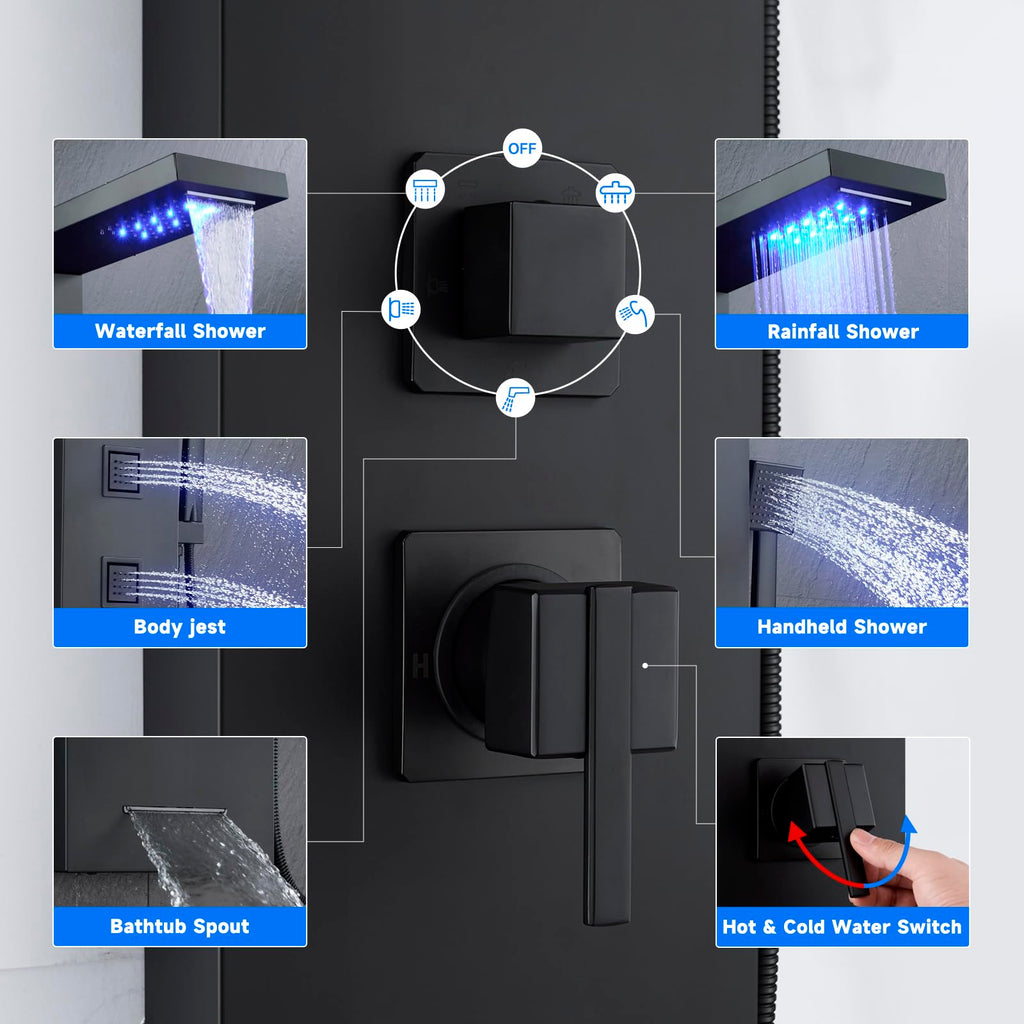 5-in-1 LED Shower Panel Tower System Stainless Steel Matte Black