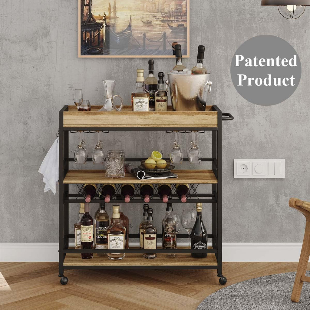 Bar Cart for The Home, Bar Serving Carts on Wheels, 3 Tier Storage Drink Trolley, Rolling Wood and Metal Liquor
