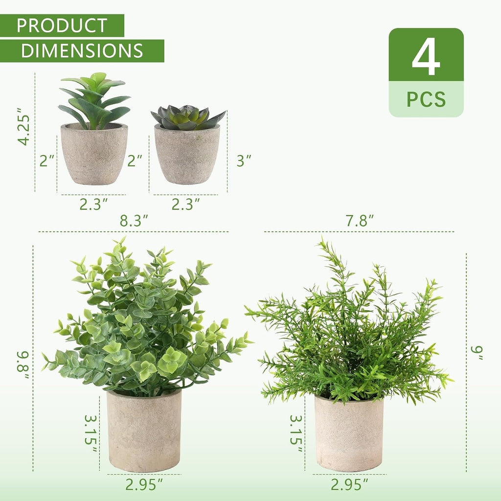 4 Pack Small Fake Plants, 10" Artificial Plants Indoor Eucalyptus/Rosemary/Succulents, Small Faux Plants in Pulp Pot