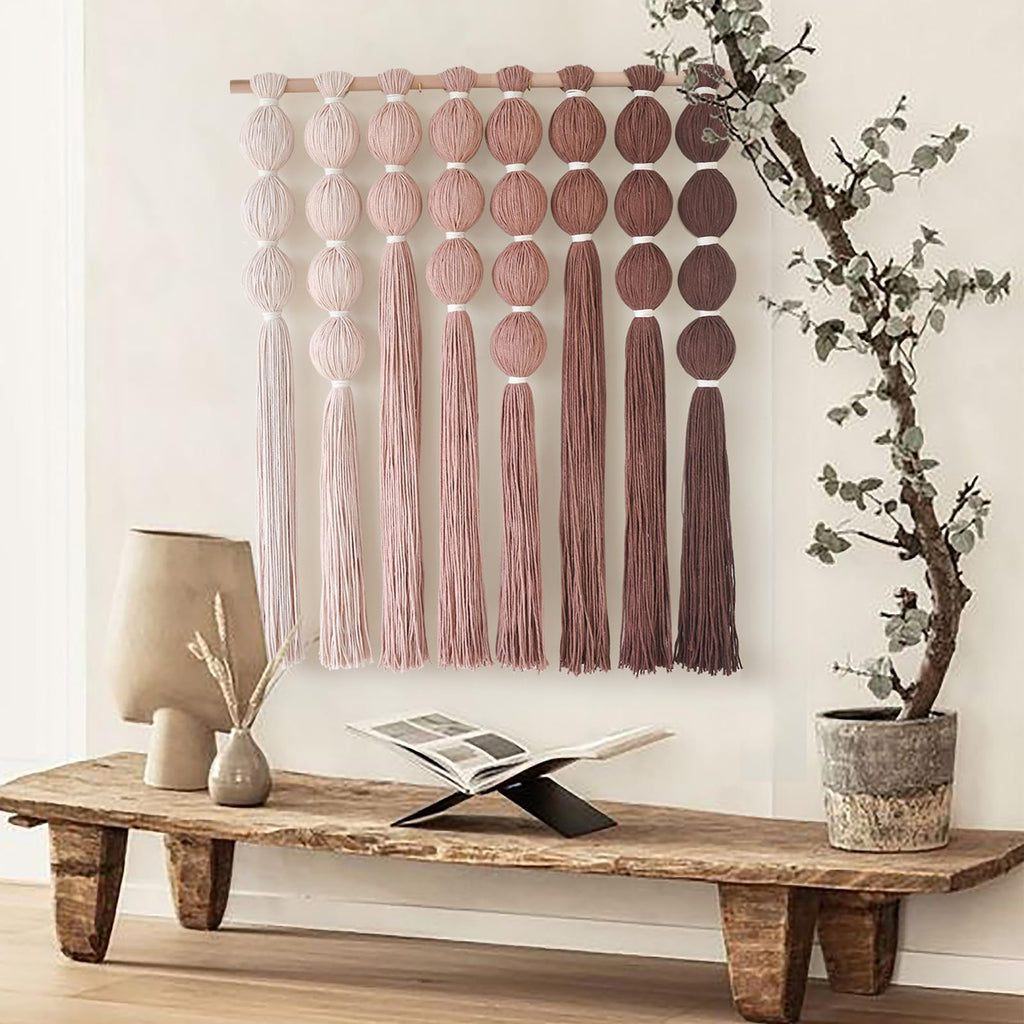 Macrame Wall Hanging Dip Dyed Red Yarn Balls Tassel Boho Decor 27"W*31"L