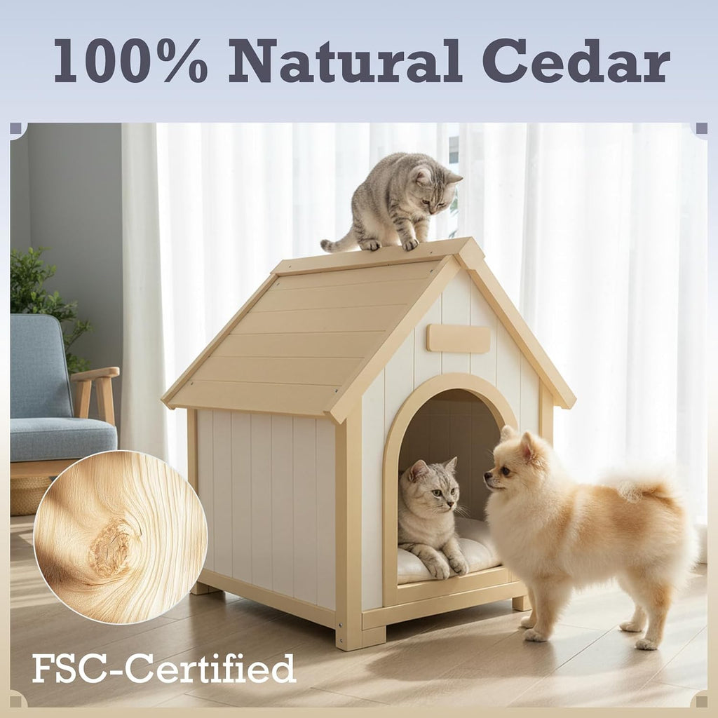 Indoor Dog House for Small Dogs, FSC Certified Cedar Wood Cat House with Cushion, Natural Solid Wooden Pet House