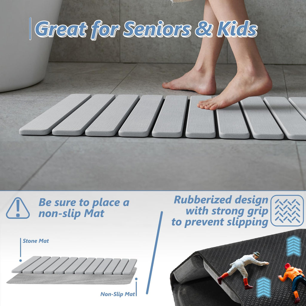 Foldable Stone Bath Mat, Diatomaceous, 31.5"x15.7", Light Grey