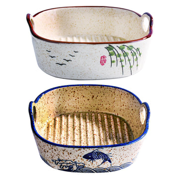 Japanese Retro Ceramic Baking Dish with Handles Set of 2, 6.7 Inch