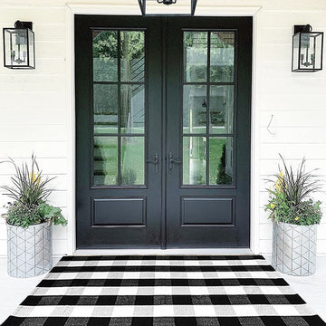 Buffalo Plaid Outdoor Rug 35.4'' x 59'' Black and White Front Door Mat Front Porch Rug Layered Welcome Door Mat for