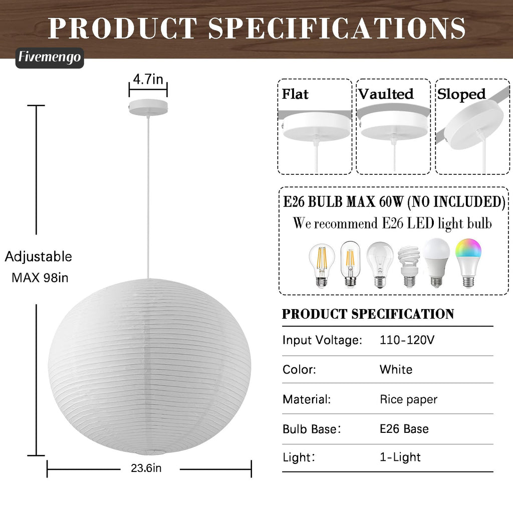 Large Paper Lamp Pendant Light Kit, 23.6in White Globe Lantern