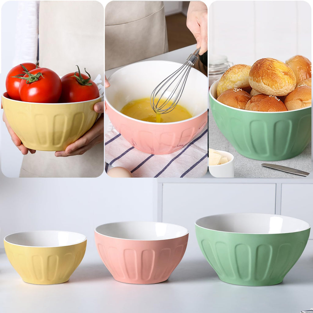 Ceramic Mixing Bowls Set of 3, Large Nesting Bowls for Serving/Baking/Prepping, Housewarming & Wedding Gift, Oven