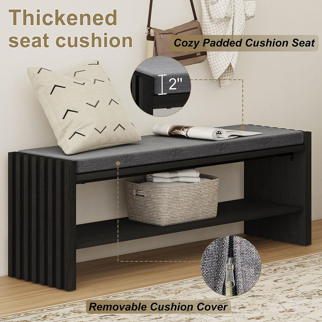 Entryway Shoe Bench with Storage & Cushion for Mudroom, Black