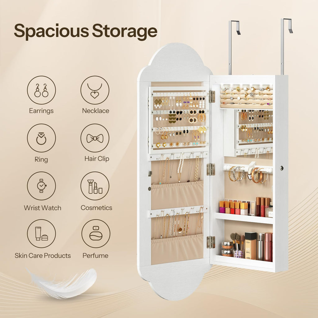 Jewelry Cabinet Wall/Door Mounted, LED Jewelry Organizer, Lockable