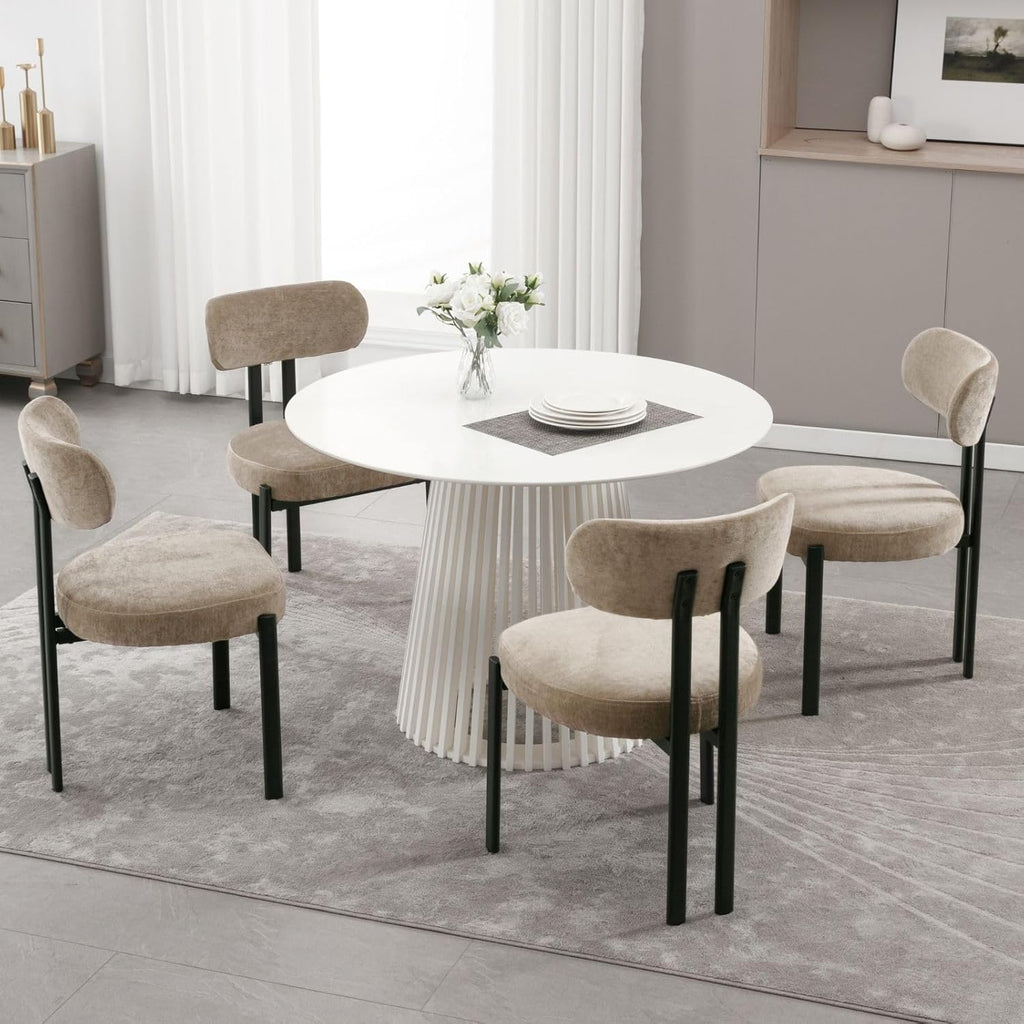 LukeAlon Chenille Dining Chairs Set of 2, Modern Curved Back Armless Kitchen Chairs with Black Metal Legs Upholstered Dining Room Chairs Reception Chairs for Living Room Office Restaurant, Khaki
