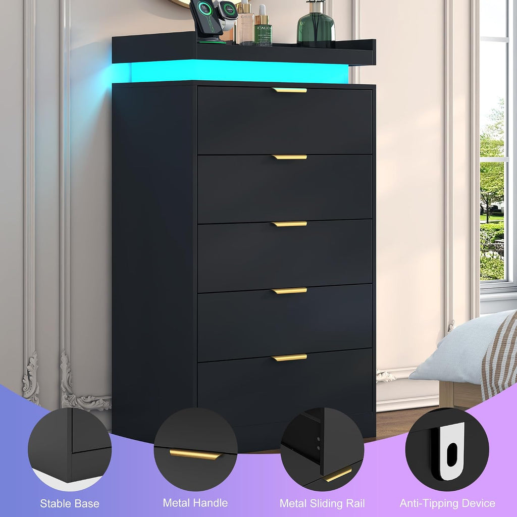 Tall Dresser , Black Dresser with LED Lights, Wood 5 Drawer Chest with Power Outlet, Modern Tall Chest of Drawers