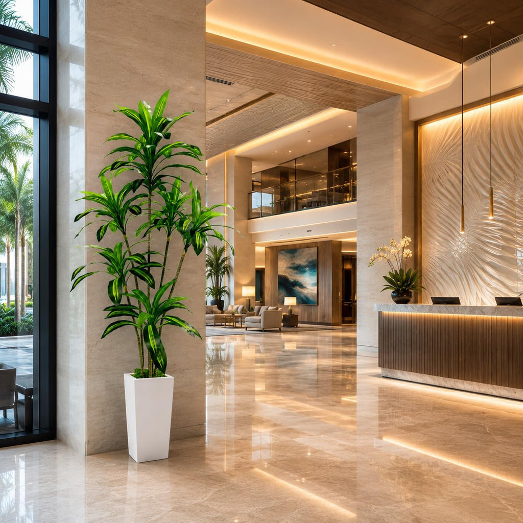 Artificial Dracaena Tree with White Tall Planter, 7FT