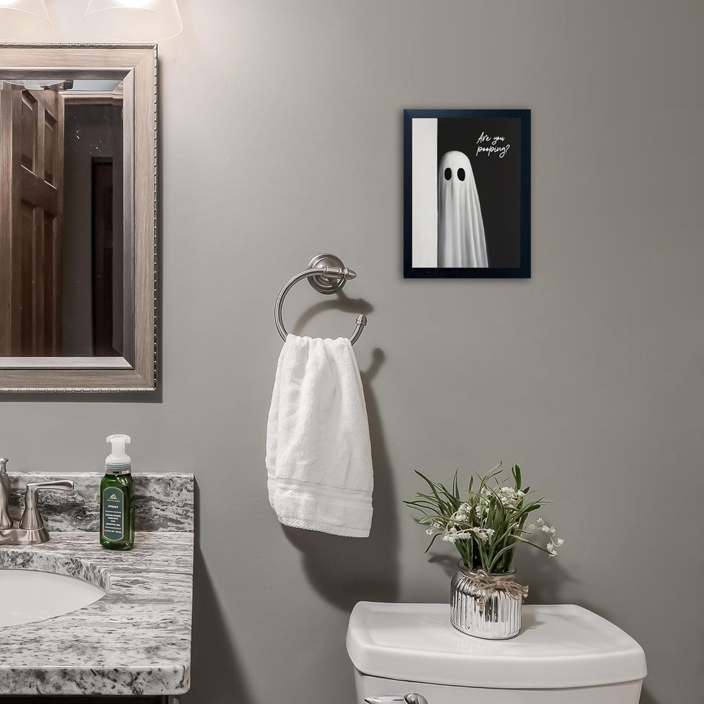 Black Framed Halloween Bathroom Wall Decor - Funny Are You Pooping Ghost Print, Cute Spooky Art for Toilet, Restroom