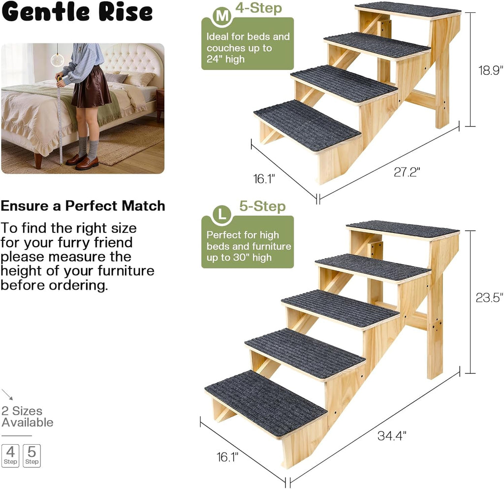 5-Step Dog Stairs for Large Dogs, Solid Wooden Dog Steps for Beds/Couch with Carpet, 24 Inches Anti-Slip Pet Stairs