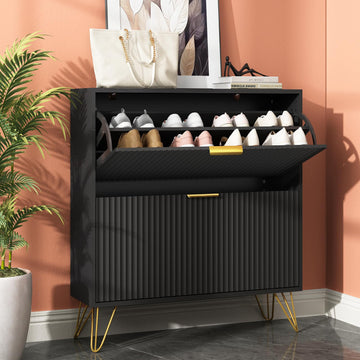 34.4" H Fluted Shoe Storage Cabinet with 2 Flip Drawers, BlackÔHidden Shoe Cabinet Storage, Narrow Freestanding