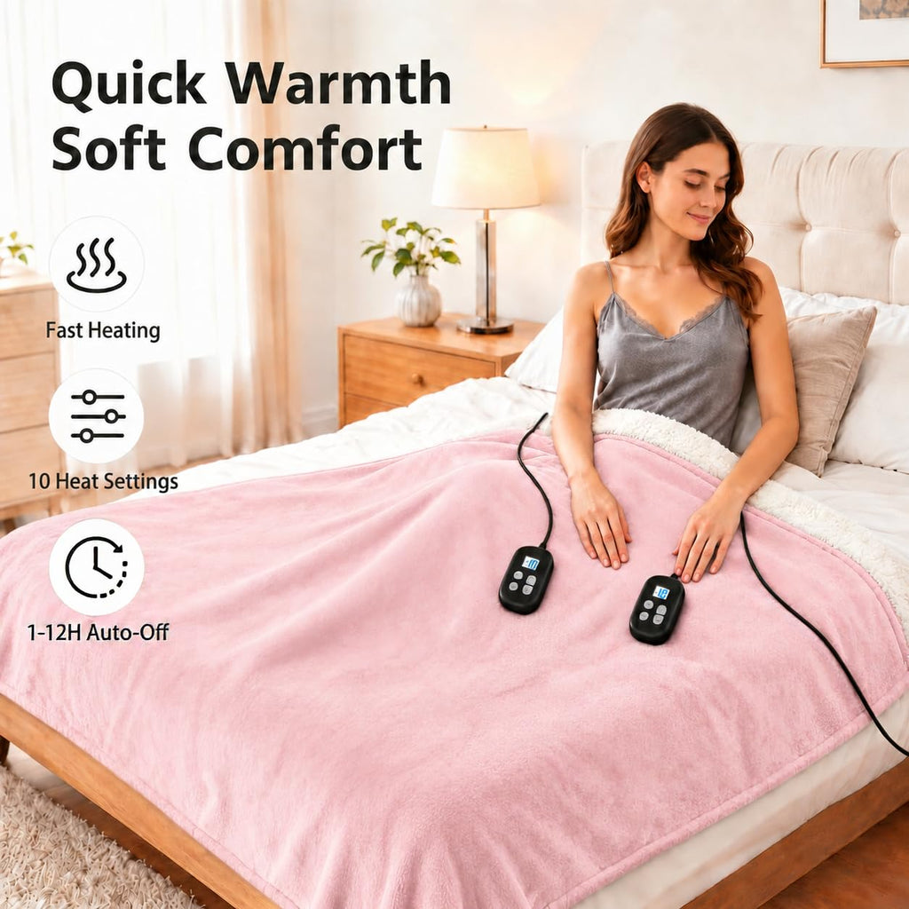 Electric Heated Blanket 90" x 100", Soft Flannel for Bed, Couples, 10 Heat Settings, 1-12H Auto Shut Off