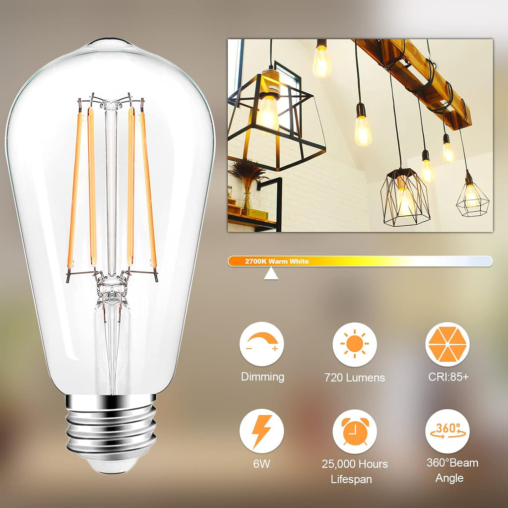 LED Light Bulbs Dimmable Vintage Edison Bulb, E26 LED Bulb 60W Equivalent 720 Lumens, Warm White 2700K, ST58 Antique