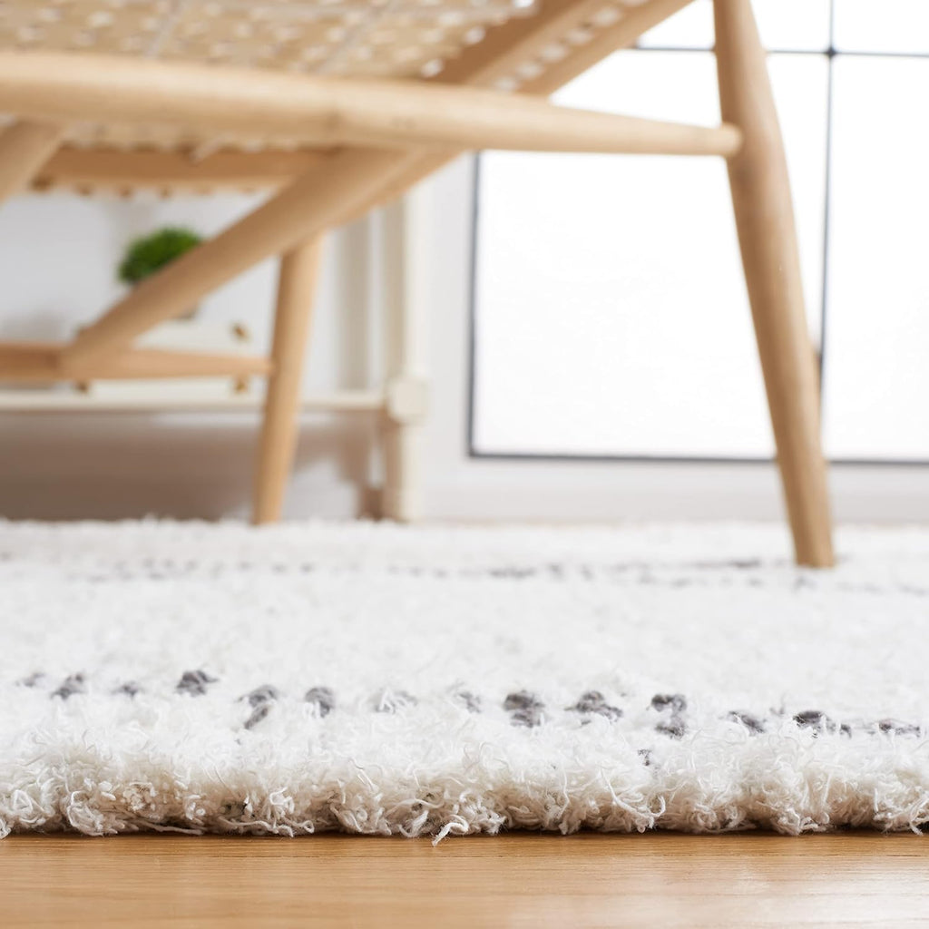 Area Rug - Casablanca Collection - Large - Ivory & Grey, Handmade Cotton, Moroccan Boho Fringe, Ideal, Dining