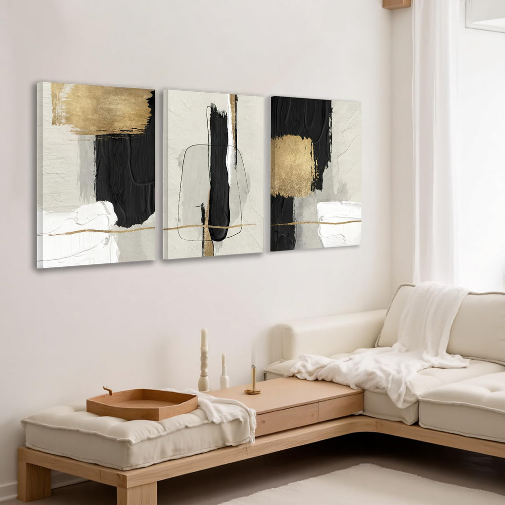 Abstract Brushstrokes Canvas Wall Art Black White Gold 16x24 inch x3