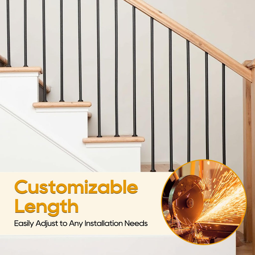 30P Wrought Iron Balusters Plain Bar for Staircase, 1/2" x 44" Square Hollow Spindles Deck Balusters, Black Metal