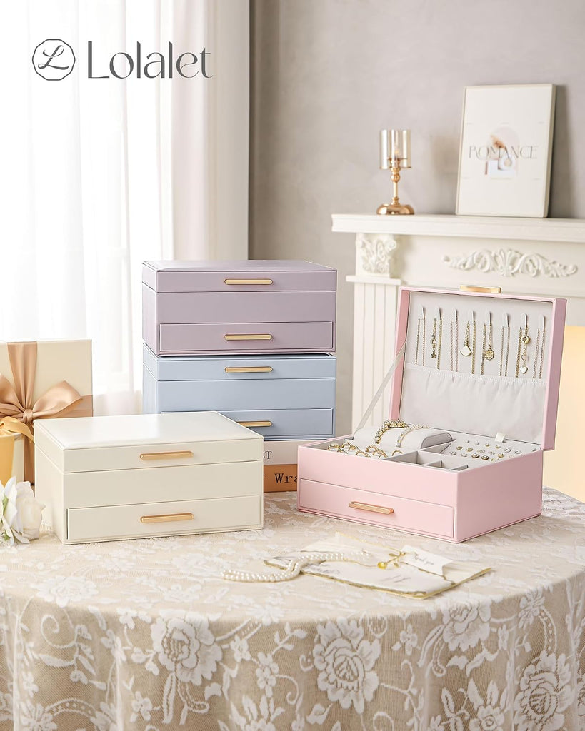 2-Layer Jewelry Box Organizer Holder for Women Girls Mom -Beige