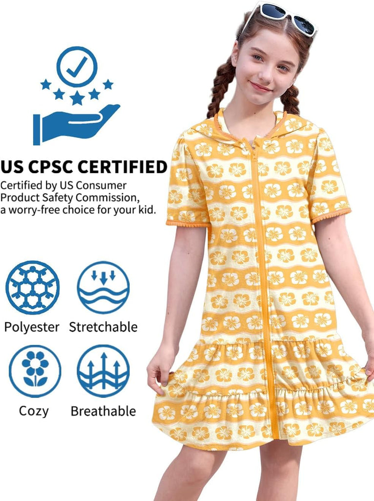 Girls Summer Beach Quick Dry Cover Up Ruffle Hem Terry Smocked Hooded with Pockets