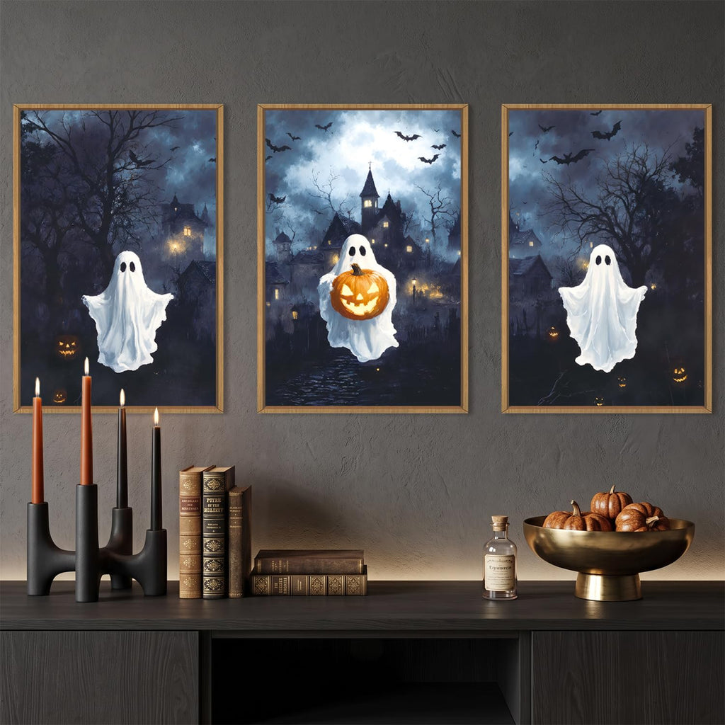 Large Spooky Halloween Framed Canvas Wall Art Set, Funny Ghost and Pumpkin Wall Decor, Eerie Night Castle Scene