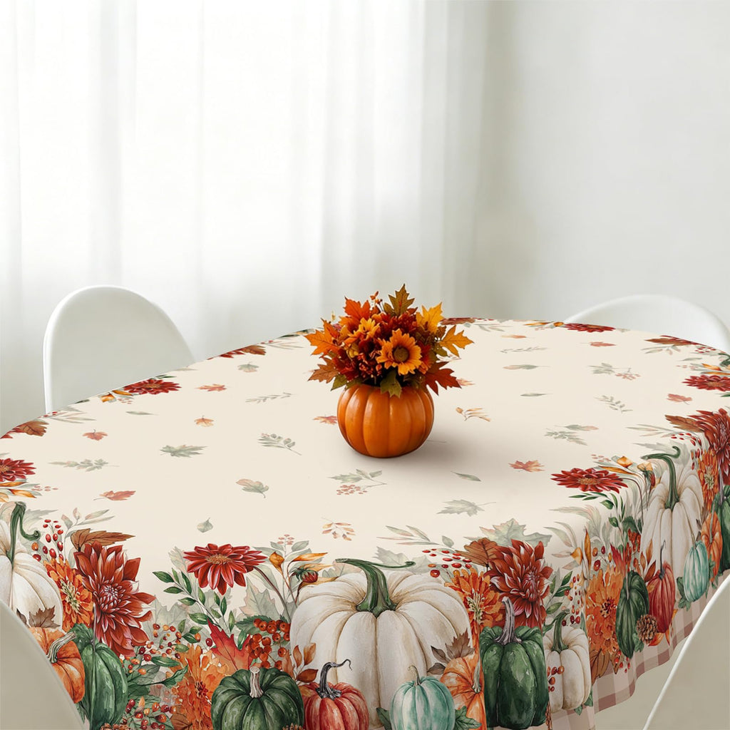 Oval Fall Tablecloth 60x102 Inch, Thanksgiving Autumn Harves Pumpkin Flower Table Cloth, Waterproof Wrinkle Resistant