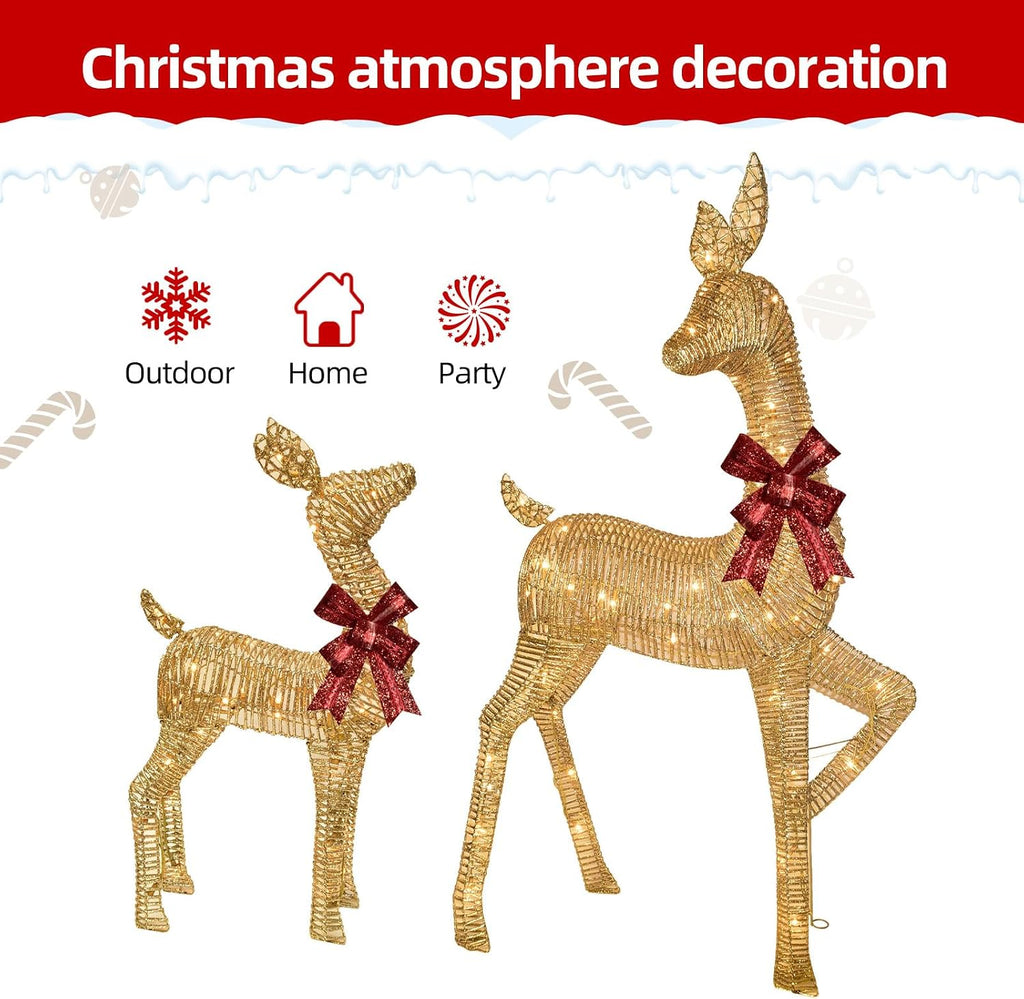 2-Piece Large Lighted Christmas Deer - Outdoor Yard Decoration Rattan Reindeer with 85 LED Lights, Stakes, Zip Ties