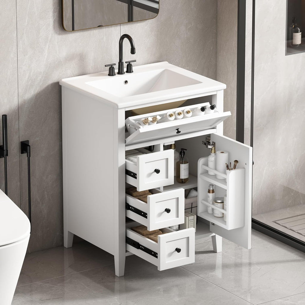 24-Inch Bathroom Vanity Sink Set – Cabinet with Tip-Out Drawer, Adjustable Shelf, Soft-Close Door & Solid Wood Legs, Black