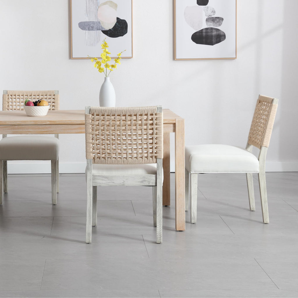 Upholstered Dining Chairs Set of 4, Boho Coastal Dining Room Chairs with Natural Woven Rope Back White Gray Washed