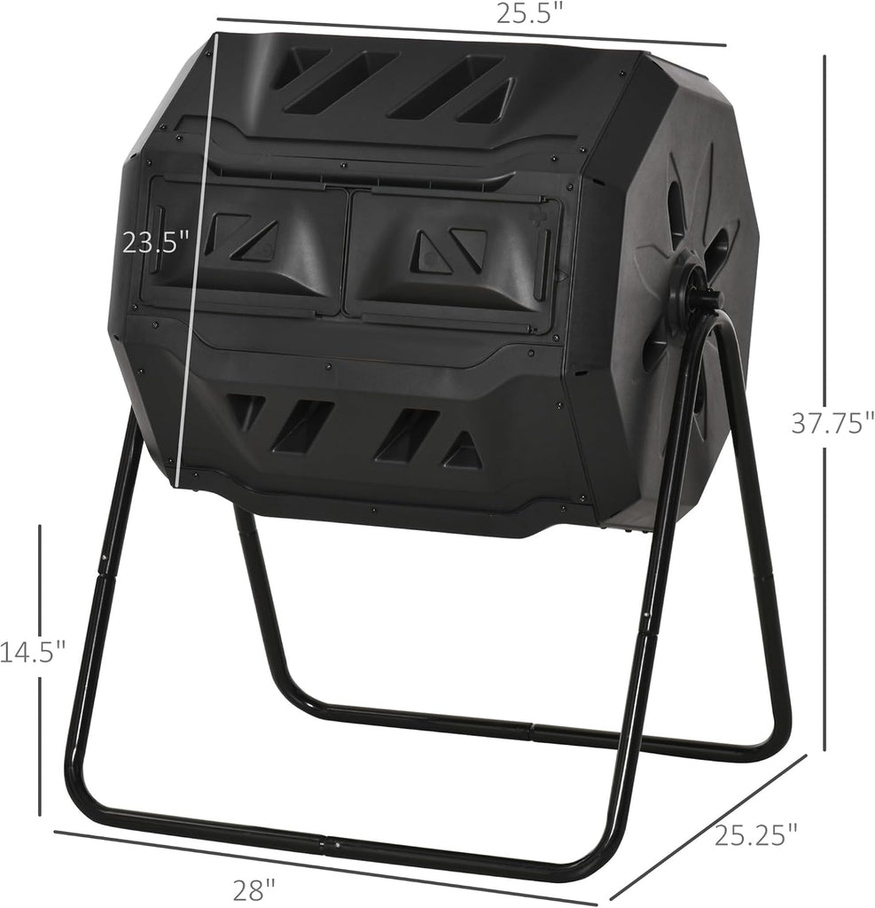 Compost Bin Outdoor Tumbler 43 Gallon, Rotating Composter Dual Chamber - Black