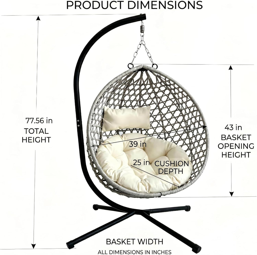 Foldable Hanging Egg Chair with Stand, Outdoor Patio Indoor Swing Chair with Cloud Cushion, Anti-Rust Heavy Duty