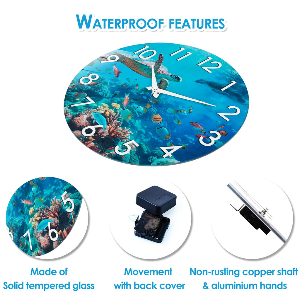 14 Inch Outdoor Clock - Waterproof Tempered Glass with Sea Turtle & Marine Life Theme, UV Resistant, Silent Nautical